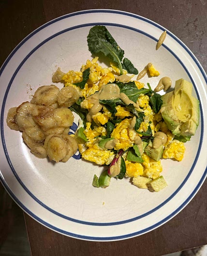 Savory Dijon Scramble with Caramelized Banana Coins