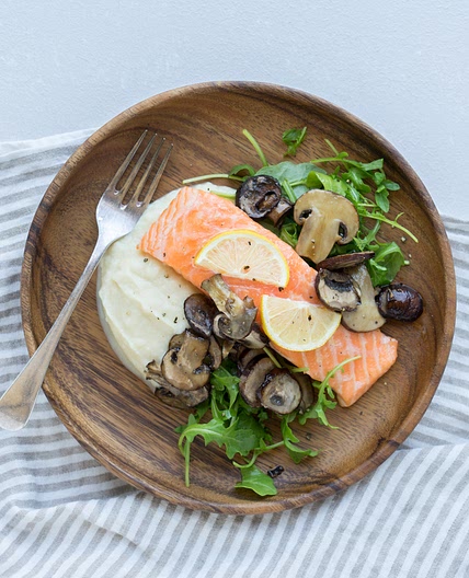Slow Roasted Salmon with Cauliflower Mash, Mushrooms + Arugula