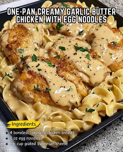 One Pan Creamy Garlic Butter Chicken with Egg Noodles