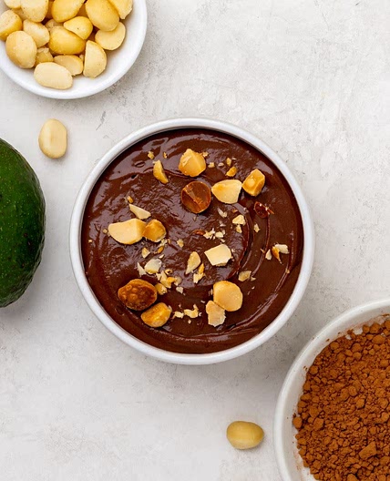 Cacao avocado mousse with maple macadamia topping