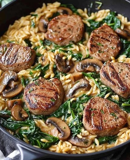 Creamy Pork Tenderloin Medallions with Orzo, Spinach, and Mushrooms