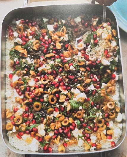 Baked mint rice with pomegranate and olive salsa