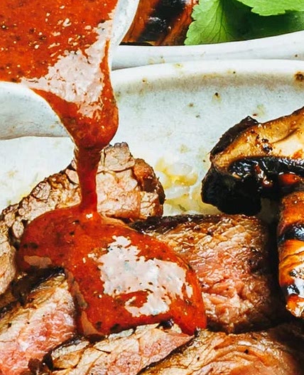 grilled gochujang beef and mushroom bowls