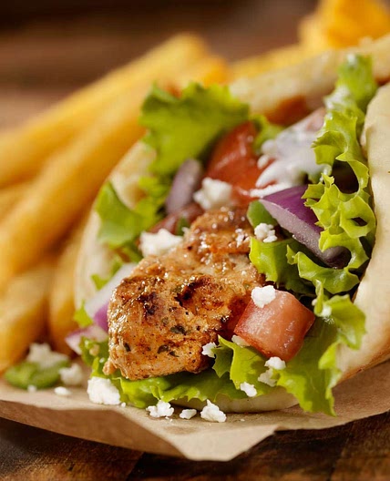 Moroccan Chicken on Pita with Lemon Herb Tahini Sauce + French Fries