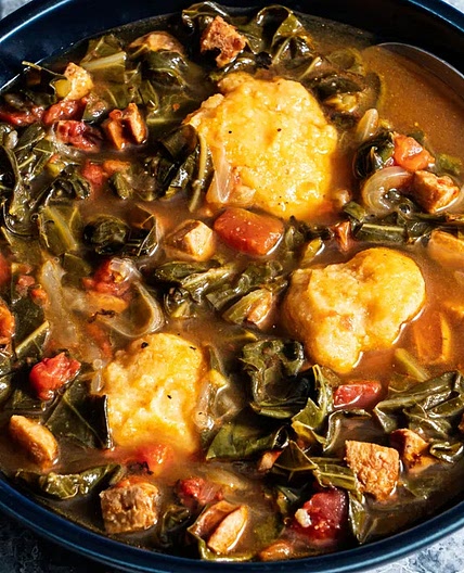 Collard Greens soup with cornmeal dumplings