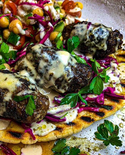 Baharat Spiced Lamb Kofta with Pickled Red Cabbage, Cabbage-Tahini Slaw & Tahini Sauce