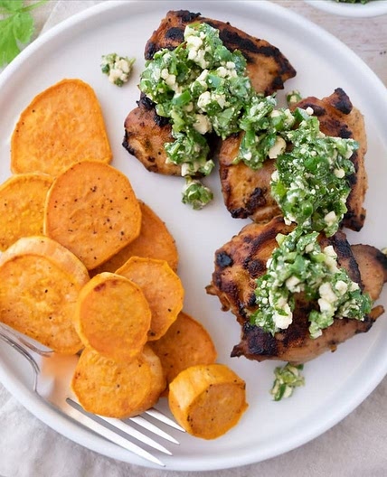 Kickin Peruvian Chicken with Roasted Sweet Potatoes & Cilantro-Feta Salsa