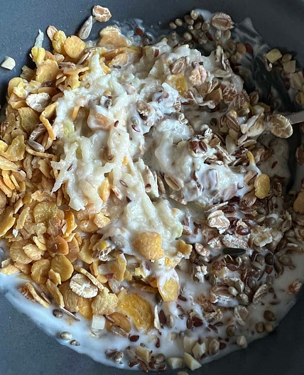 Soja-Flocken Porridge mit geriebenem Apfel