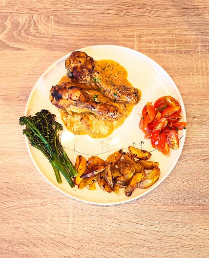 Poulet miel-moutarde, grenailles et broccolinis
