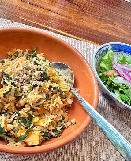 Korean Umami Rice Bowl with Swiss Chard, Fermented Soy-Onions & 