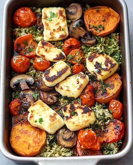 Halloumi Tray Bake with Pesto Rice and Roasted Vegetables