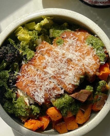crispy chicken pesto parm bowl