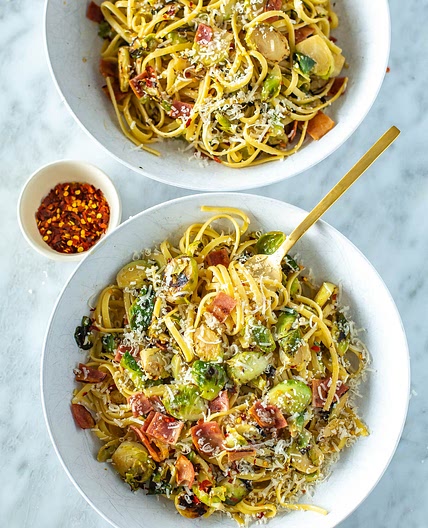 Creamy Brussels Sprouts Pasta {With Bacon!}