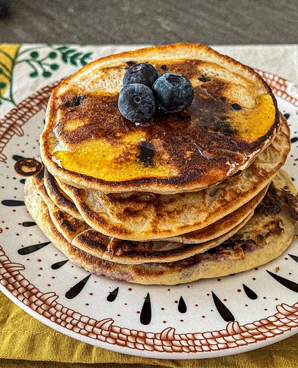Fluffy Kefir Pancakes with wild blueberries