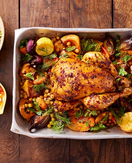 Jamie Oliver’s harissa roast chicken traybake