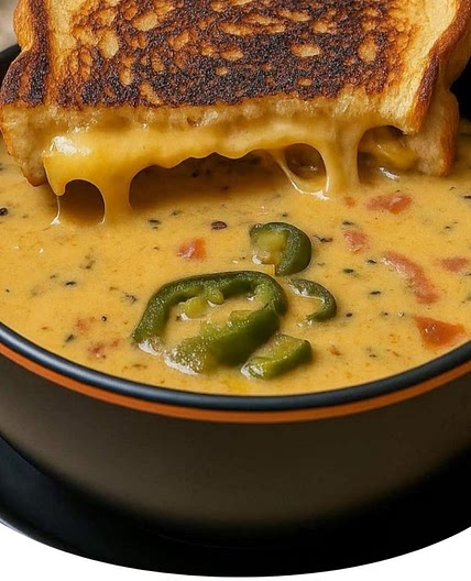Spicy Jalapeño Popper Soup with Grilled Cheese Dippers