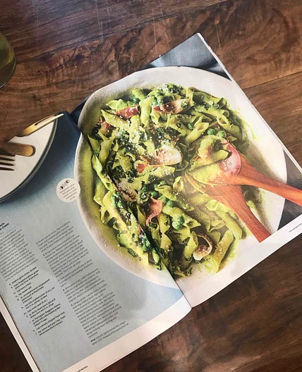 Garganelli with speck, peas, and scallion cream
