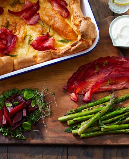 Jamie Oliver's Mega Yorkie with salmon, beets & asparagus