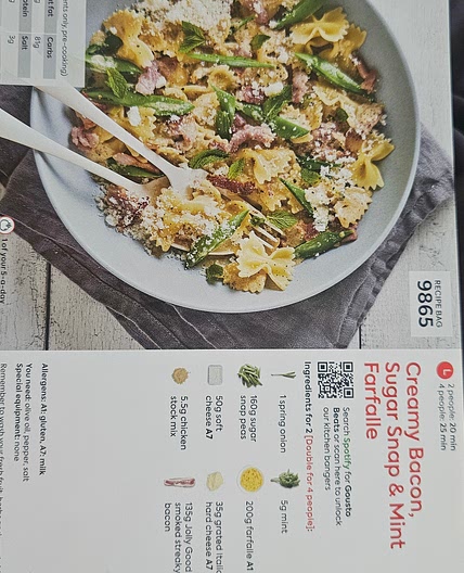 Creamy bacon, sugar snap & mint farfalle