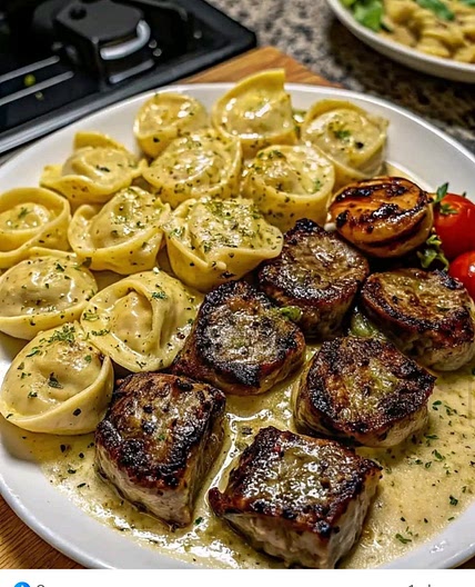 Garlic Butter Steak Bites & Creamy Pesto Alfredo Tortellini