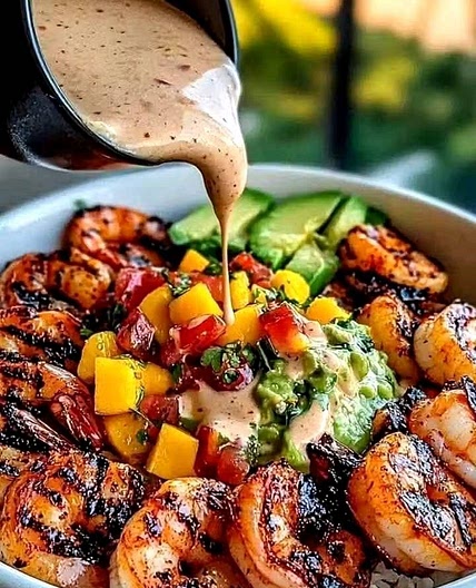 Shrimp and Avocado Bowls with Mango Salsa & Lime-Chili Sauce