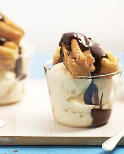 Choc-caramel churros sundae