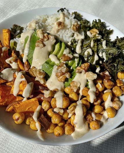 Sweet Potato Buddha Bowl with Crispy Chickpeas and Lemon Tahini Hummus Dressing
