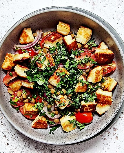 Warm Lentil, Cherry Tomato and Halloumi Salad