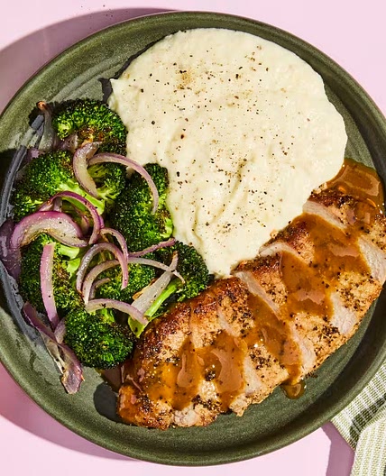 Dijon-Balsamic Pork Chops cheesy cauliflower mash, roasted broccoli & onion