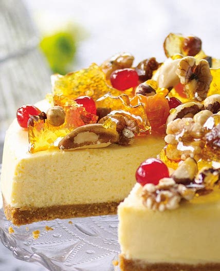 Eggnog cheesecake with stained-glass praline