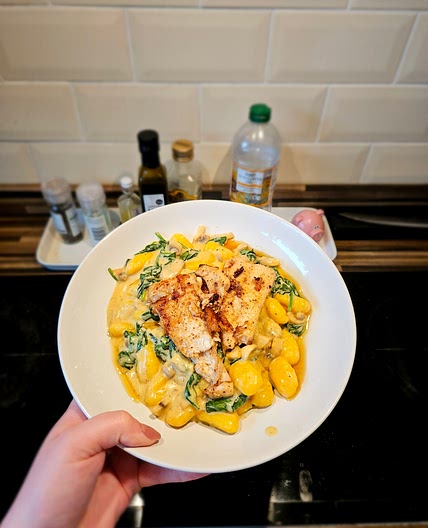 Pan-Fried Basa With Gnocchi, Mushrooms & Spinach