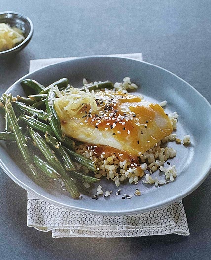 Miso-Glazed Cod with Rice and Gingery Green Beans