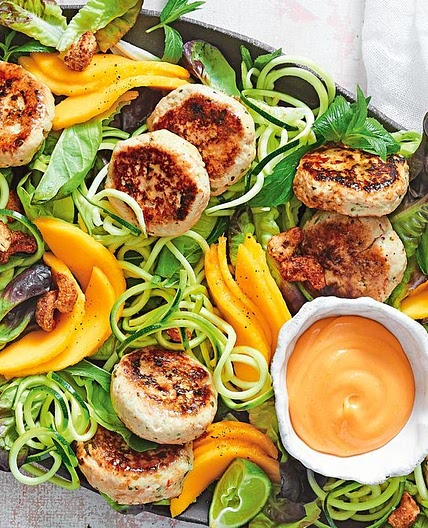 Speedy Thai chicken rissoles with mango salad recipe