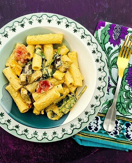 Easy Roast Aubergine and Tomato Pasta with Spinach