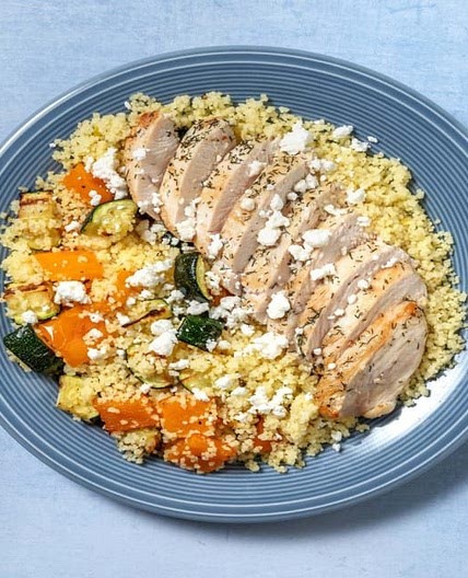Greek-Style Lemon Chicken with Roasted Veggie Couscous and Feta