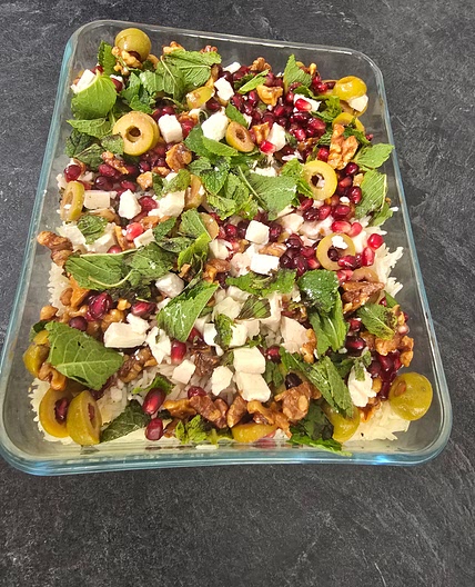 Baked mint rice with pomegranate and olive salsa