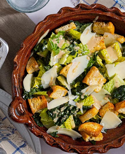 kale caesar with crispy chewy croutons