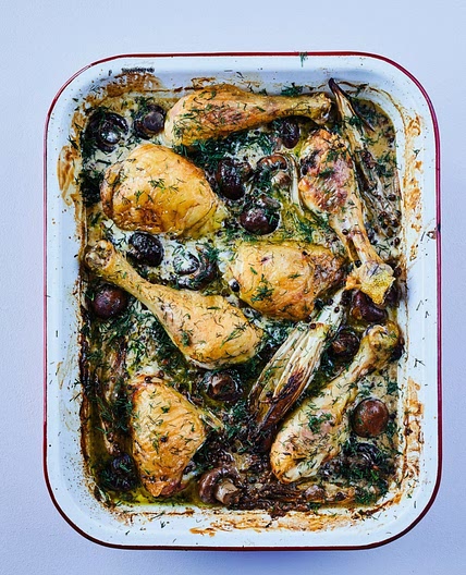 Roast Chicken with Mushrooms, Chicory and Dill