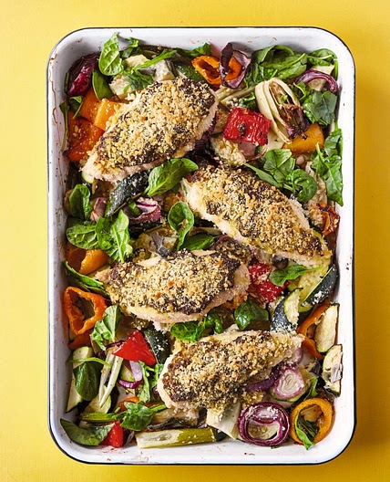 Crispy Pesto Chicken, Roasted Fennel and Courgettes
