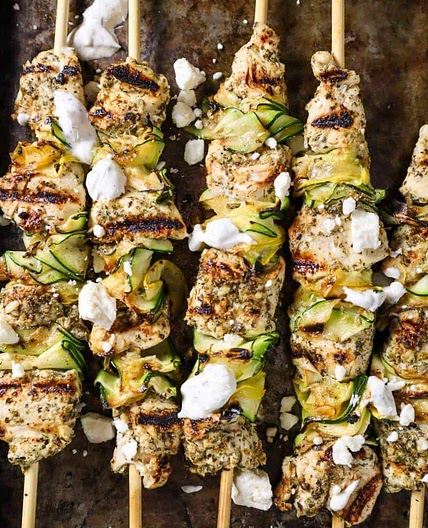 Greek-Inspired Grilled Chicken Skewers with Squash Ribbons