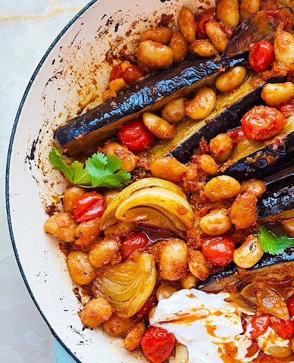 Roasted aubergines and butter beans in chilli pesto