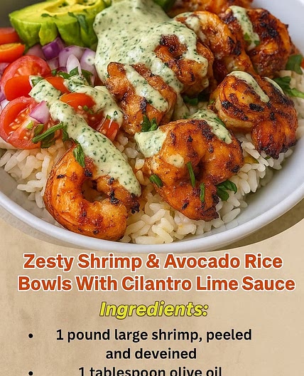 Zesty Shrimp & Avocado Rice Bowls with Cilantro Lime Sauce