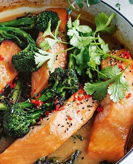 Honey and miso baked salmon with broccolini and coriander
