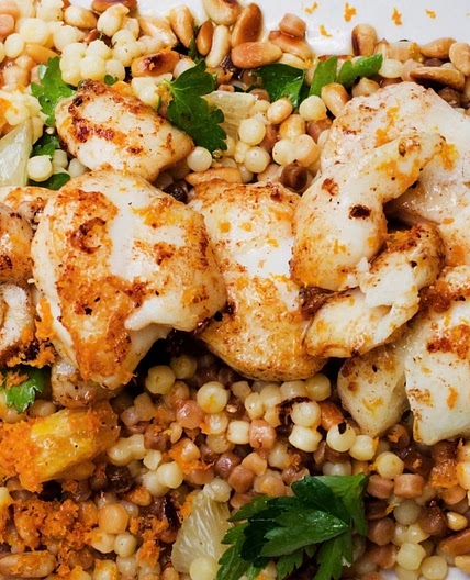 Cod cheeks with pasta