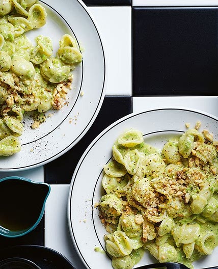 Orecchiette with walnut and pea pesto