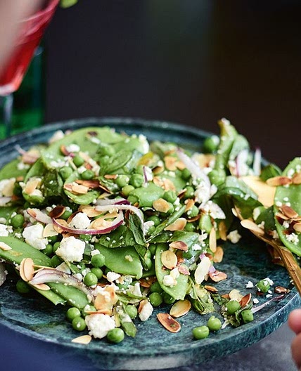 Pea, snow pea, almond and feta salad