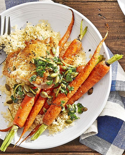Crispy Chicken with Roasted Carrots and Couscous