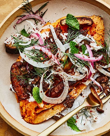 Loaded Sweet Potato Bowls with Spiced Lamb and Mushrooms | Epicurious