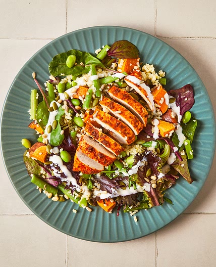 Spicy Chicken, Roasted Sweet Potato & Greens Grain Bowl