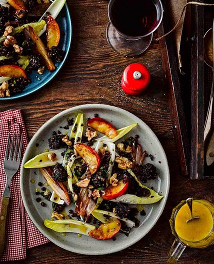 Warm salad of black pudding, lentils and caramelised apples